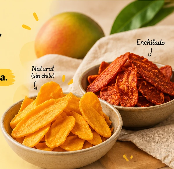 Manguitos deshidratados naturales y enchilados servidos en tazones